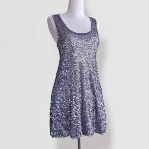 Metallic Sequin Shift Dress Sz M Disco Festival Y2K Glam Rave Lilac Gray Silver